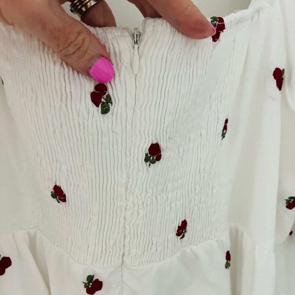 Altar'd State Dress Cherry Poplin White Puff-Sleeve Mini Dress - Picture 5 of 11